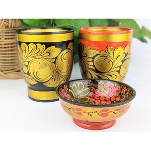 3 Piece Set Vtg Russian Khokhloma | Black Gold Hand Painted Wooden Lacquer Bowl